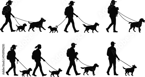 People walking dogs silhouettes, pet owners on leashes, outdoor activity illustration, black vector design of man and woman with pets, isolated