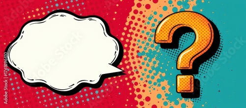 Colorful comic-style speech bubble with a question mark on a dotted background.