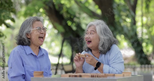 Two elderly women concentrate while playing a wooden block stacking game outdoors. Their serious expressions reflect focus, strategy, and mental engagement in a relaxing natural setting.