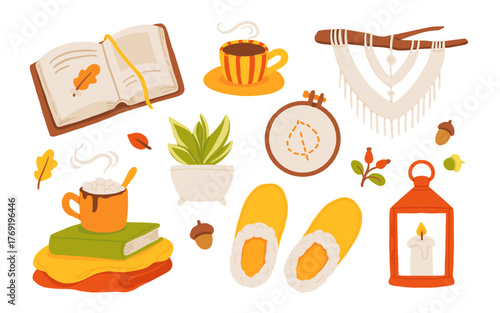 Cozy autumn flat vector set with warm home decor, hot drinks, books, candle lantern, slippers, macrame, indoor plant and embroidery hoop. Hygge style fall illustration for seasonal design and posters
