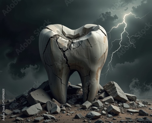 A giant cracked tooth stands amidst rubble under a stormy sky.