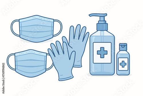 Personal protective equipment masks gloves sanitizer bottles