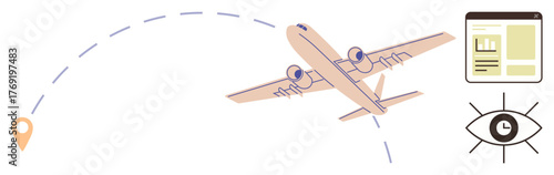 Airplane flying with a dashed trajectory line, map marking destination, eye for monitoring, and document. Ideal for travel, flight tracking, navigation, logistics, monitoring aviation journey