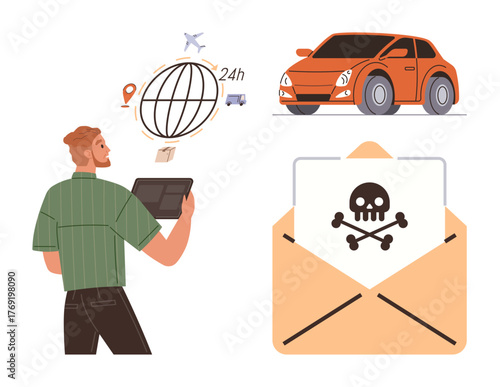 Man using a laptop, envelope with warning sign, network globe, car, and logistics icons. Ideal for cybersecurity, internet safety, logistics, online threats data protection digital risks virtual