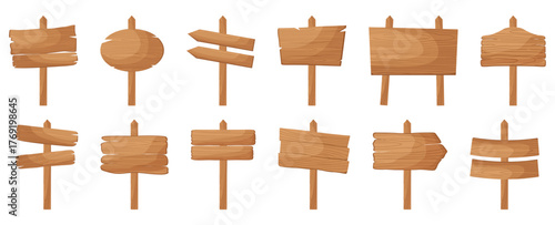 A collection of various rustic wooden signs and pointers. Ideal for game UI, navigation, or decorative elements.