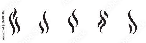 Smoke steam icon vector logo set. Smoke smell, steam aroma heat icon illustration. Hot vapor fire doodle line logo. Hit stink, coffee, fragrance flame elements. Vector illustration.
