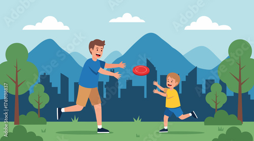 Father and Son Playing Frisbee in the Park Enjoying Outdoor Activities Together