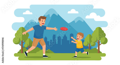 Father and Son Playing Frisbee in a Park with City Skyline and Mountains in Background