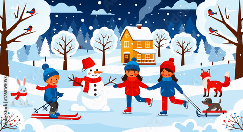 Winter Wonderland Children Enjoying Snowy Day with Snowman, Skating, Skiing, and Winter Fun Scene