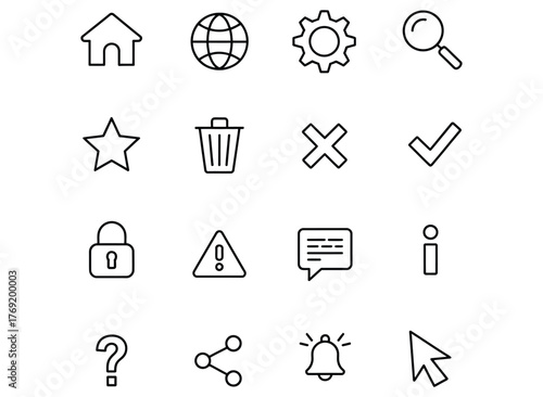 Essential website and app icons in a clean outline style for modern interface design, providing a user-friendly experience and intuitive navigation, perfect for digital projects