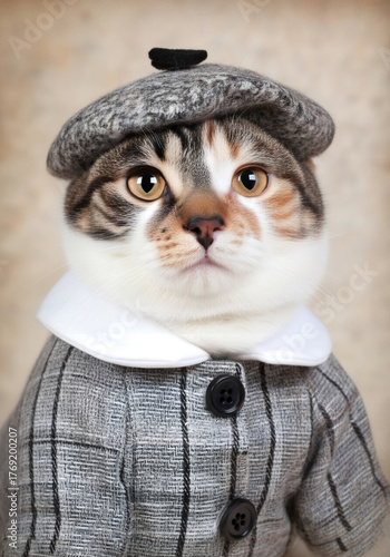 Cute cat in a studio background, dressed like a French artist, wearing a grey plaid coat with black buttons, a white collar and a fur beret. The cat poses elegantly.