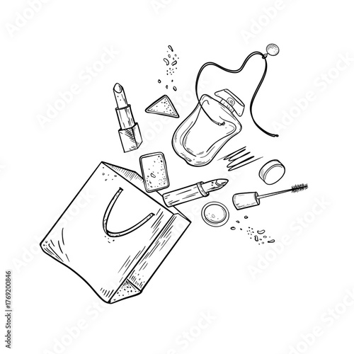 Shopping paper bag and decorative cosmetics black white vector illustration. Perfume bottles, beauty make up levitation outline drawing. monochrome sketch mascara, lipsticks and eyeshadows flying.