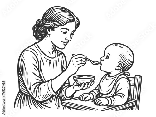 nurturing mother gently feeding her baby with a spoon, symbolizing care and nourishment sketch engraving generative ai fictional character vector illustration. Scratch board imitation. Black and white