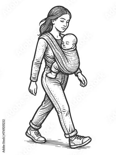 calm mother walking with her sleeping baby wrapped in a front carrier sling sketch engraving generative ai fictional character vector illustration. Scratch board imitation. Black and white image.