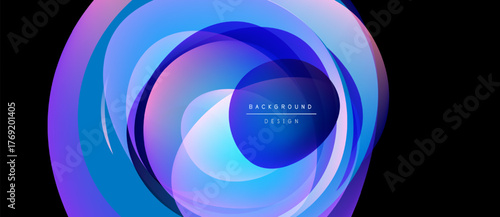 Abstract fluid shapes blend, creating vibrant circular design. Colors shift from purple to blue, evoking dynamic energy. Text reads background design.