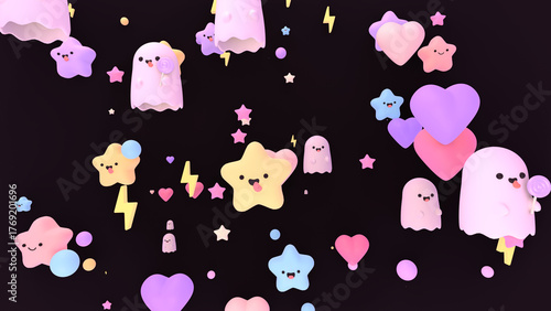 3D render kawaii ghosts and stars.