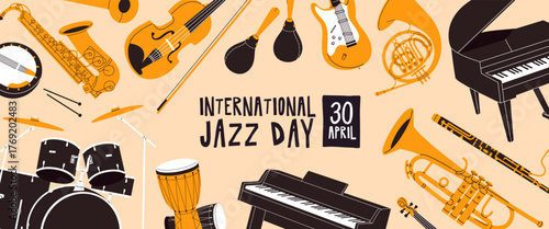 Design of International Jazz Day banner. Advertising template with different musical instruments to play classical music. Event poster for concert or holiday performance. Flat vector illustration