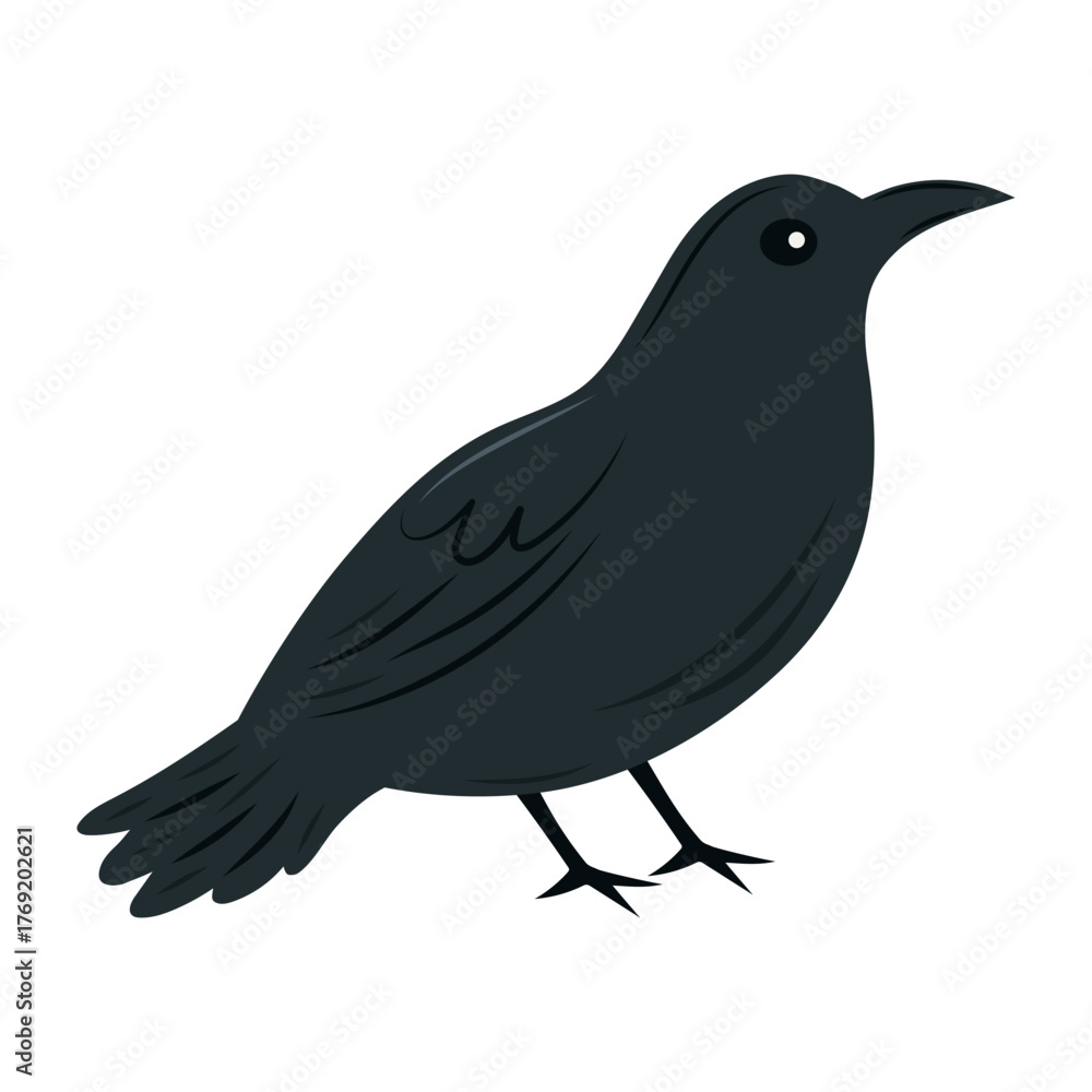 Obraz premium A simple, flat vector illustration of a black crow or raven. The side profile shows the bird standing, perfect for spooky Halloween designs or nature-themed projects