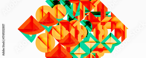 Abstract geometric shapes overlap, creating dynamic composition. Orange, teal, yellow hues dominate white background. Modern design.