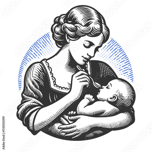 nurturing mother gently feeding her baby with a spoon, symbolizing care and nourishment sketch engraving generative ai fictional character vector illustration. Scratch board imitation. Black and white