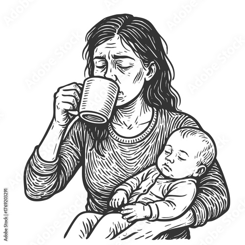 exhausted mother sipping coffee with a sleeping baby in her arms, capturing parenting fatigue sketch engraving generative ai fictional character vector illustration. Scratch board. Black and white.