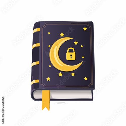 A magical spellbook with a crescent moon, stars, and a padlock on its dark cover, isolated on a white background.