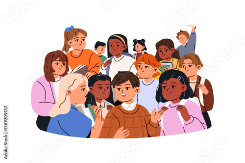 Crowd of students stands together. Group of pupils with school books talks. Kids with textbooks communicate. Classmates listen to little boy. Flat isolated vector illustration on white background