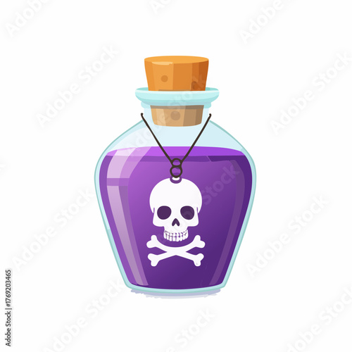 A cartoon glass bottle filled with purple poison, sealed with a cork and labeled with a skull and crossbones.