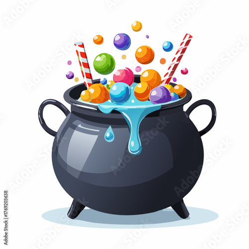 A black cauldron overflowing with colorful candies and lollipops, with blue liquid bubbling over the sides.