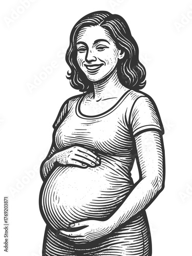 smiling pregnant woman gently cradling her belly sketch engraving generative ai fictional character vector illustration. Scratch board imitation. Black and white image.