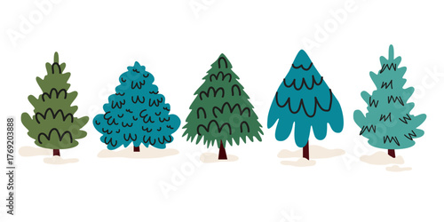 Christmas tree set with snow in doodle flat style. Cozy cheerful winter elements and shapes for greeting cards, stickers, patches, labels, stamps. Hand drawn winter tree vector illustrations