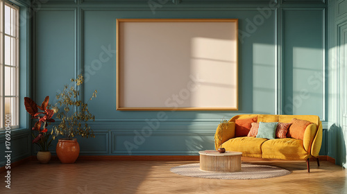 Living room with blank canvas, yellow sofa, and plant in a classic interior style