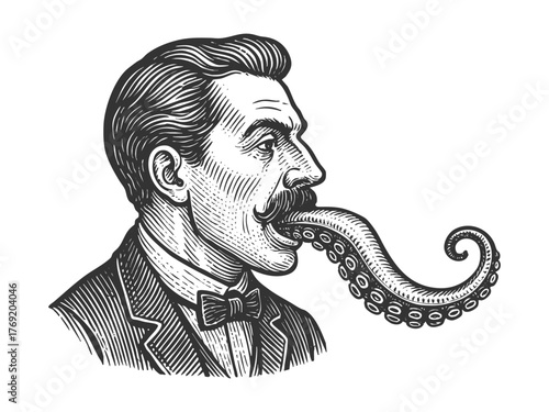 man with a tentacle emerging from his mouth sketch engraving generative ai fictional character vector illustration. Scratch board imitation. Black and white image.