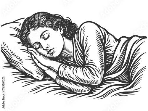 serene woman sleeping on her side under a blanket sketch engraving generative ai fictional character vector illustration. Scratch board imitation. Black and white image.