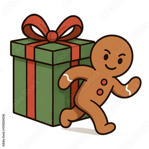 A cheerful gingerbread man is excitedly running alongside a large Christmas gift box. 