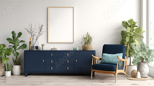 Interior of a living room with blue cabinet, chair, plants and blank frame art