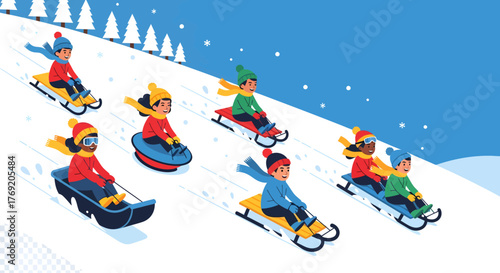 Children Sledding Down Snowy Hill, Winter Fun, Outdoor Activity, Flat Vector Illustration, Daytime, Dynamic Angle, Seasonal Concept