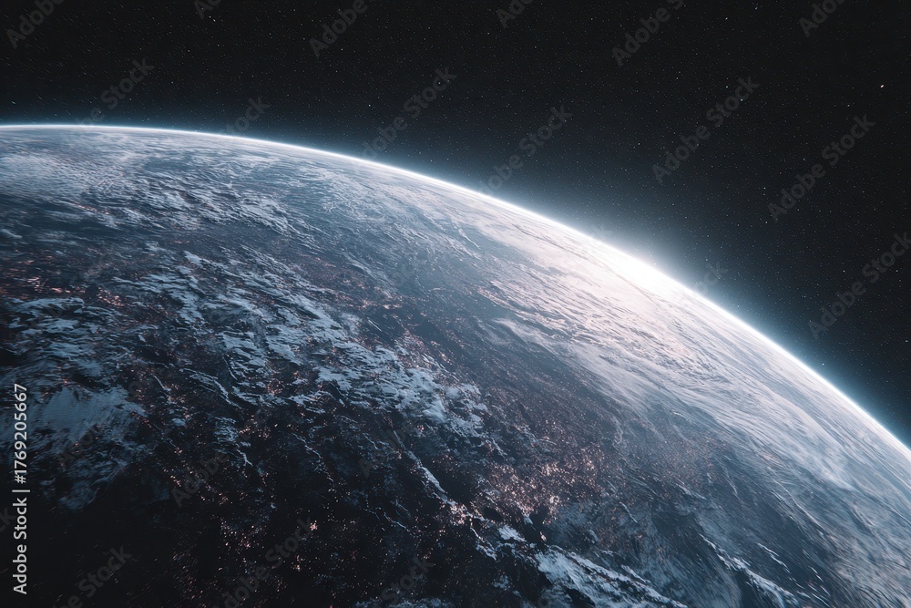 Obraz premium Exploring the majestic curvature and vibrant surface of Earth highlighted in a cosmic view showcasing natural beauty and urban life at night