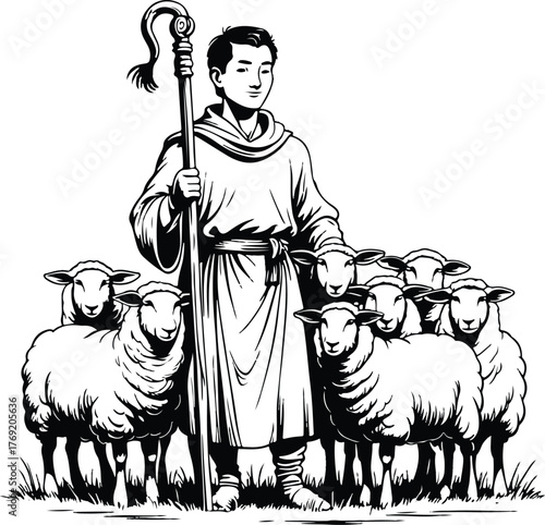 Shepherd with Flock of Sheep Line Art