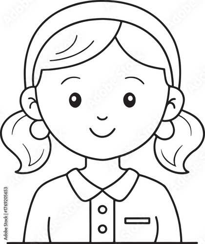 Simple line art cartoon drawing of a smiling young girl child face for educational content resource