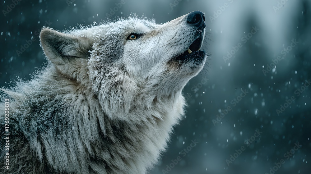 Obraz premium Majestic, atmospheric wildlife photograph of a beautiful white wolf howling in a gentle snowfall, its breath visible in the cold air under a full moon.