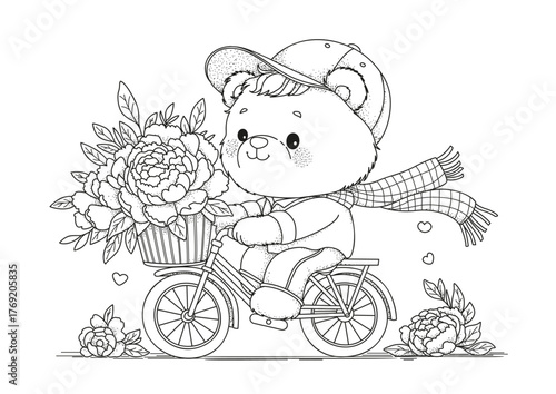 A cute bear riding a bicycle with a bouquet of peonies in his basket. This coloring page is for children and adults. Black and white illustration for coloring.