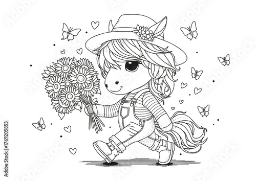 A cute horse in a hat and denim overalls walks holding a bouquet of flowers. This coloring page is for children and adults. Black and white illustration for coloring.