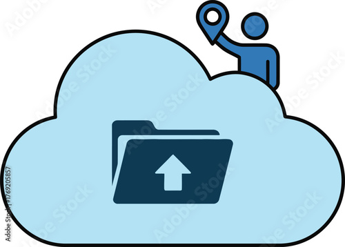 Cloud storage upload icon with user managing files symbolizing data sharing and digital backup concept