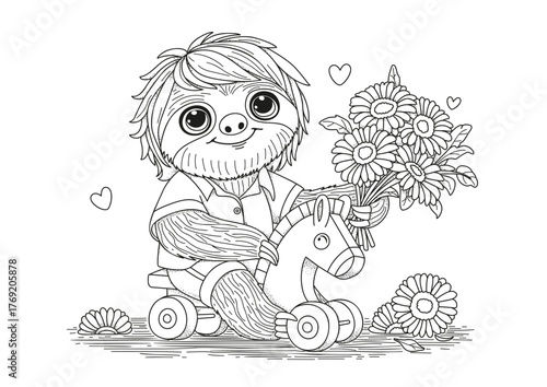 A cute sloth sits on a wooden toy horse with a bouquet of flowers. This coloring page is for children and adults. Black and white illustration for coloring.