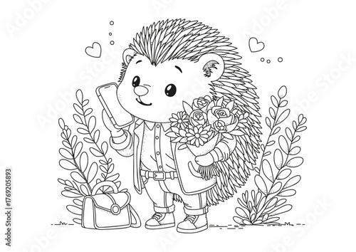 A cute hedgehog talks on his smartphone while holding a bouquet of flowers. This coloring page is for kids and adults. Black and white illustration for coloring.