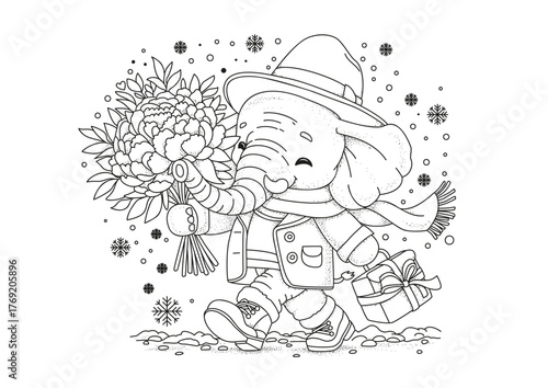 A cute elephant in a hat walks along, holding a bouquet of peonies and a gift box. This coloring page is for children and adults. Black and white illustration for coloring.