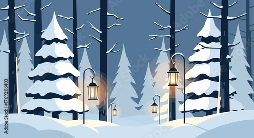 Winter Forest Scene with Snowy Trees and Lanterns, Nature Landscape Illustration, Flat Vector, Clean Elegant Look, Transparent, No Watermark, No Logo, No Text