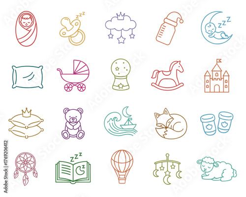 Collection Baby Sleep of 20 icons in playful line style in pastel colors for children's websites, childcare and baby room decor