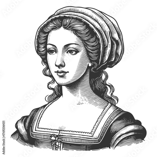 regal woman with curly hair, floral adornments, and pearls, evoking classical beauty and nobility sketch engraving generative ai fictional character vector illustration. Scratch board. Black and white